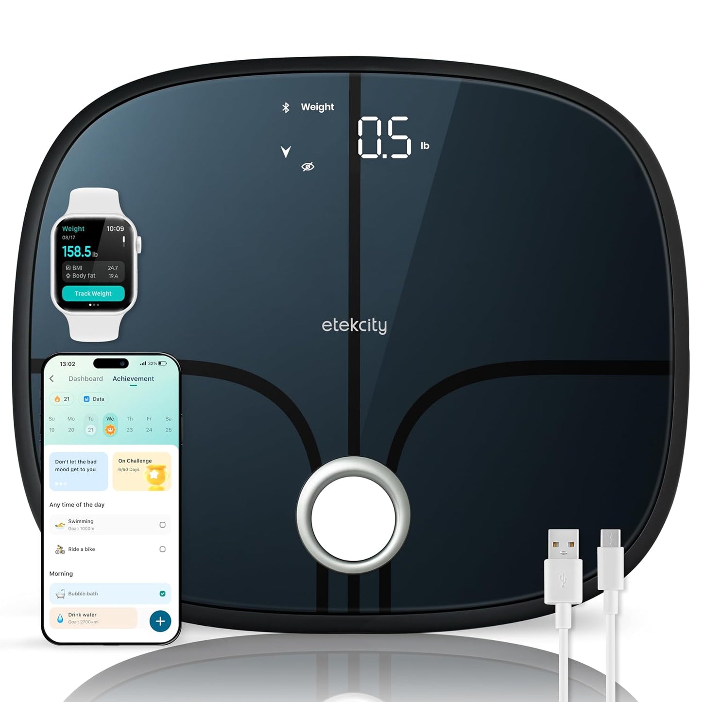 Etekcity Apex HR Smart Fitness Scale Wi-Fi Body Weight BMI Body Fat Muscle Mass Heart Rate TFT Display Tempered Glass 400 lb