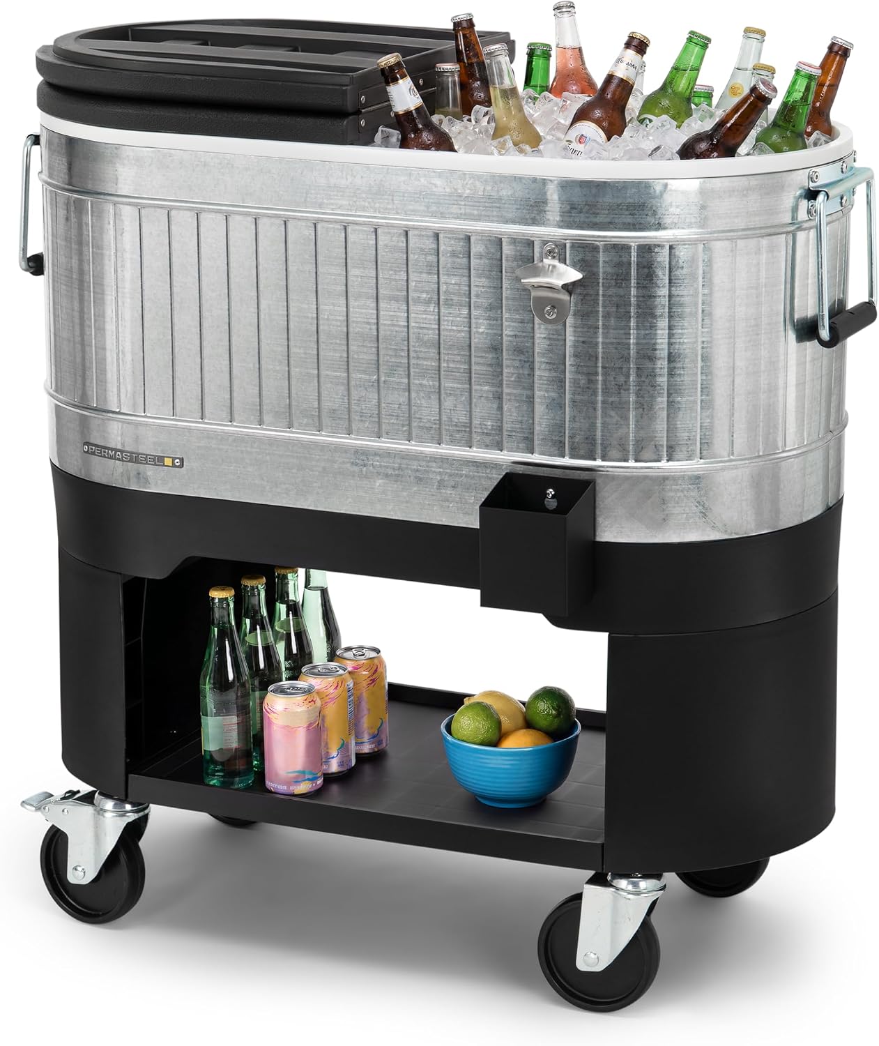 Permasteel Rolling Patio Cooler 120-Quart Outdoor Beverage Ice Chest with Wheels Farmhouse Design