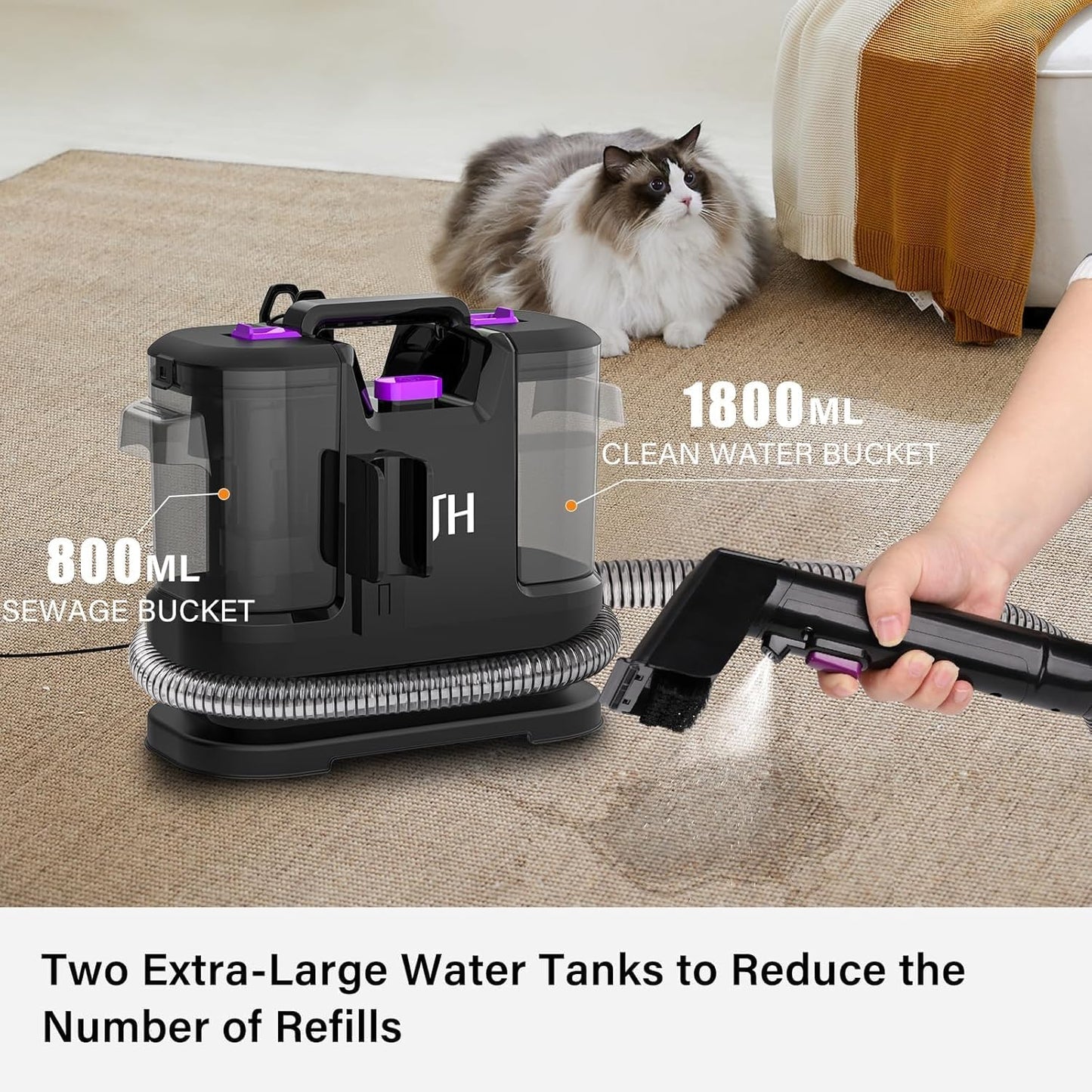 3-in-1 Handheld Carpet & Upholstery Spot Cleaner 450W 1.8 L Clean Water Tank 0.8 gal Dirty Water Tank 7.6 lb Black