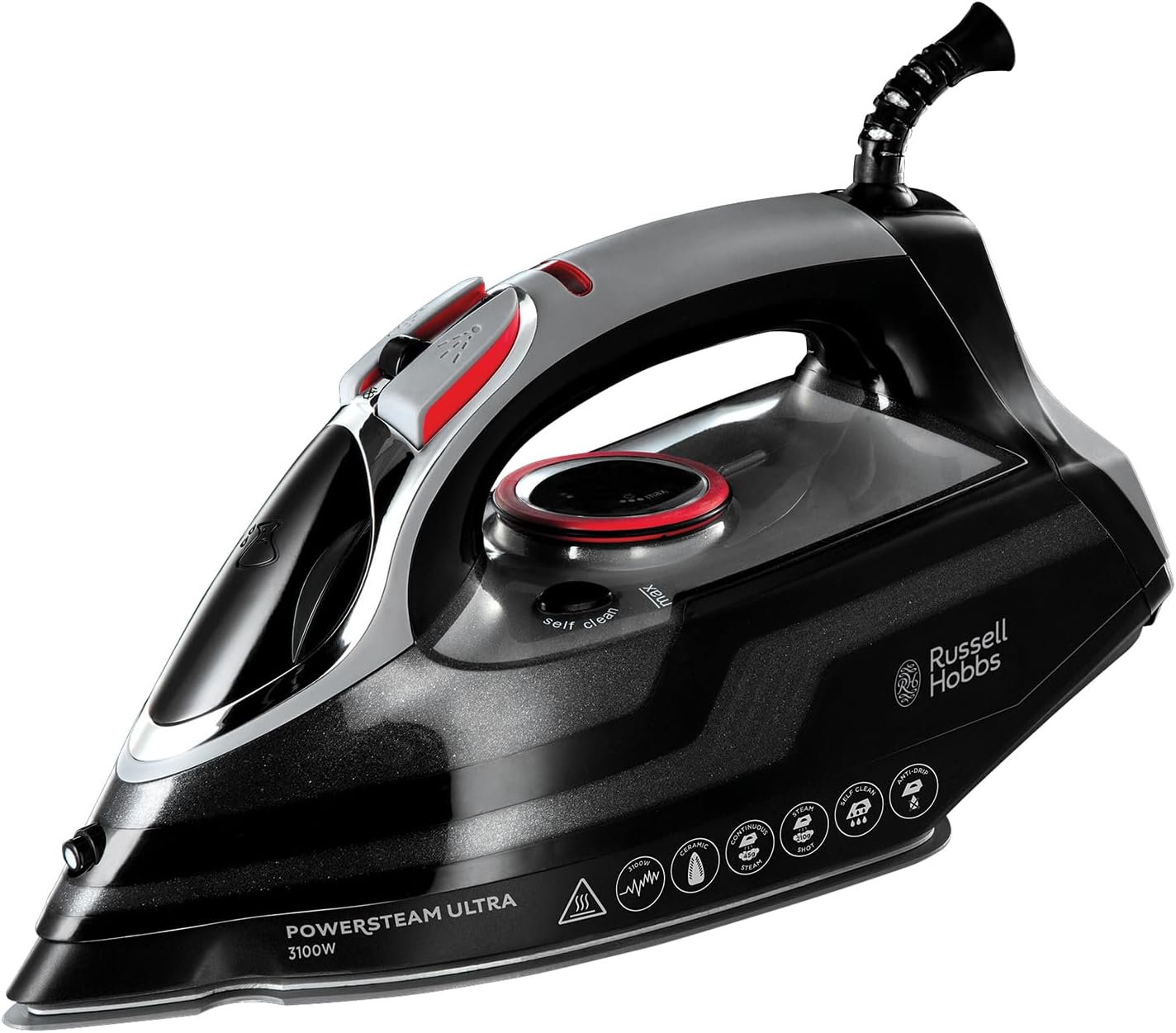 3100W Steam Iron 210 g Steam Boost 350ml Tank Ceramic Soleplate Self-Cleaning Anti-Drip 3.5 lb Black