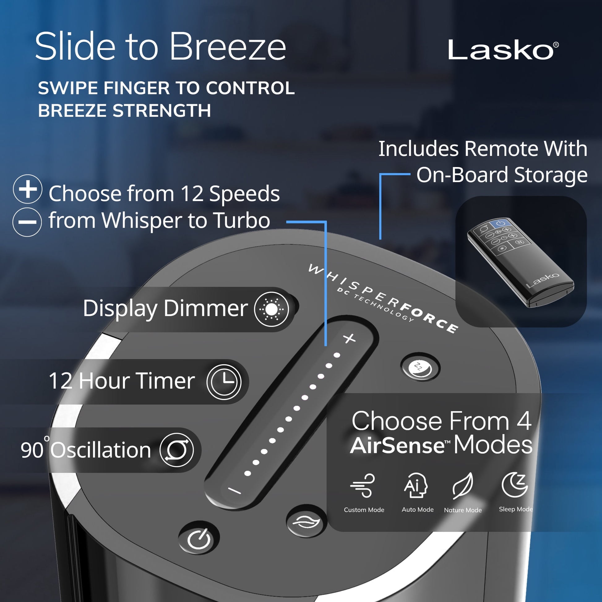 Lasko WhisperForce 40" 12-Speed Oscillating DC Tower Fan with Remote TDC401