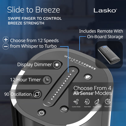 Lasko WhisperForce 40" 12-Speed Oscillating DC Tower Fan with Remote TDC401