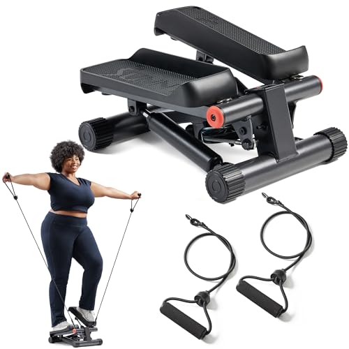 Sunny Health & Fitness Mini Stair Stepper with Resistance Bands Full Body Cardio Adjustable Height Hydraulic LCD 300 lb Capacity