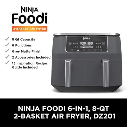 DZ201 Foodi 8 Quart 6-in-1 DualZone 2-Basket Air Fryer