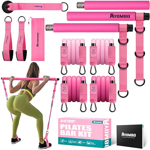 Ayombo Pilates Bar Kit with Resistance Bands Adjustable 3-Section Portable Home Gym Equipment