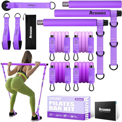 Ayombo Pilates Bar Kit with Resistance Bands Adjustable 3-Section Portable Home Gym Equipment