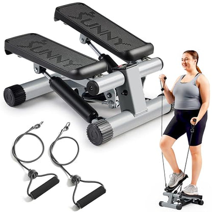 Sunny Health & Fitness Mini Stair Stepper with Resistance Bands Full Body Cardio Adjustable Step Height Hydraulic Resistance LCD Meter 300 lb Capacity