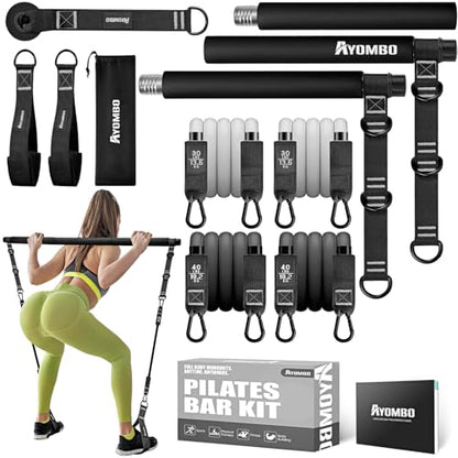 Ayombo Pilates Bar Kit with Resistance Bands Adjustable 3-Section Portable Home Gym Equipment