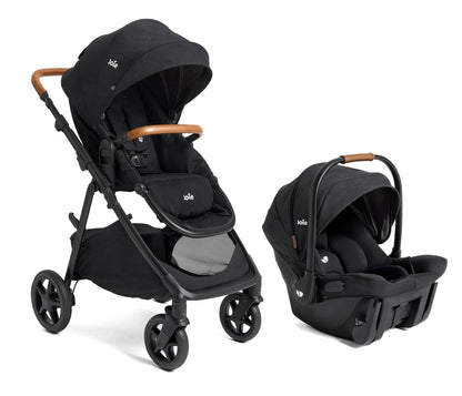 Joie Ginger and Mint 4-in-1 travel system with infant car seat, stroller, and all-terrain wheels in shale dark, built-in Latch system