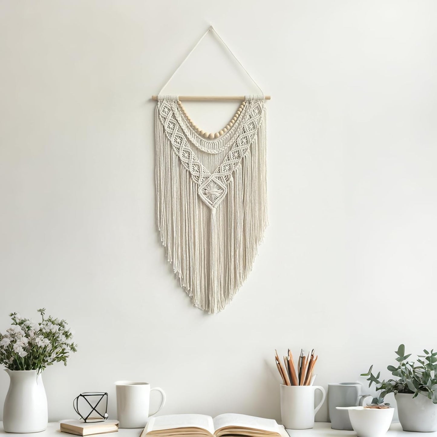 Macrame Wall Hanging – Geometric, 31.5" x 17", Wood Bead