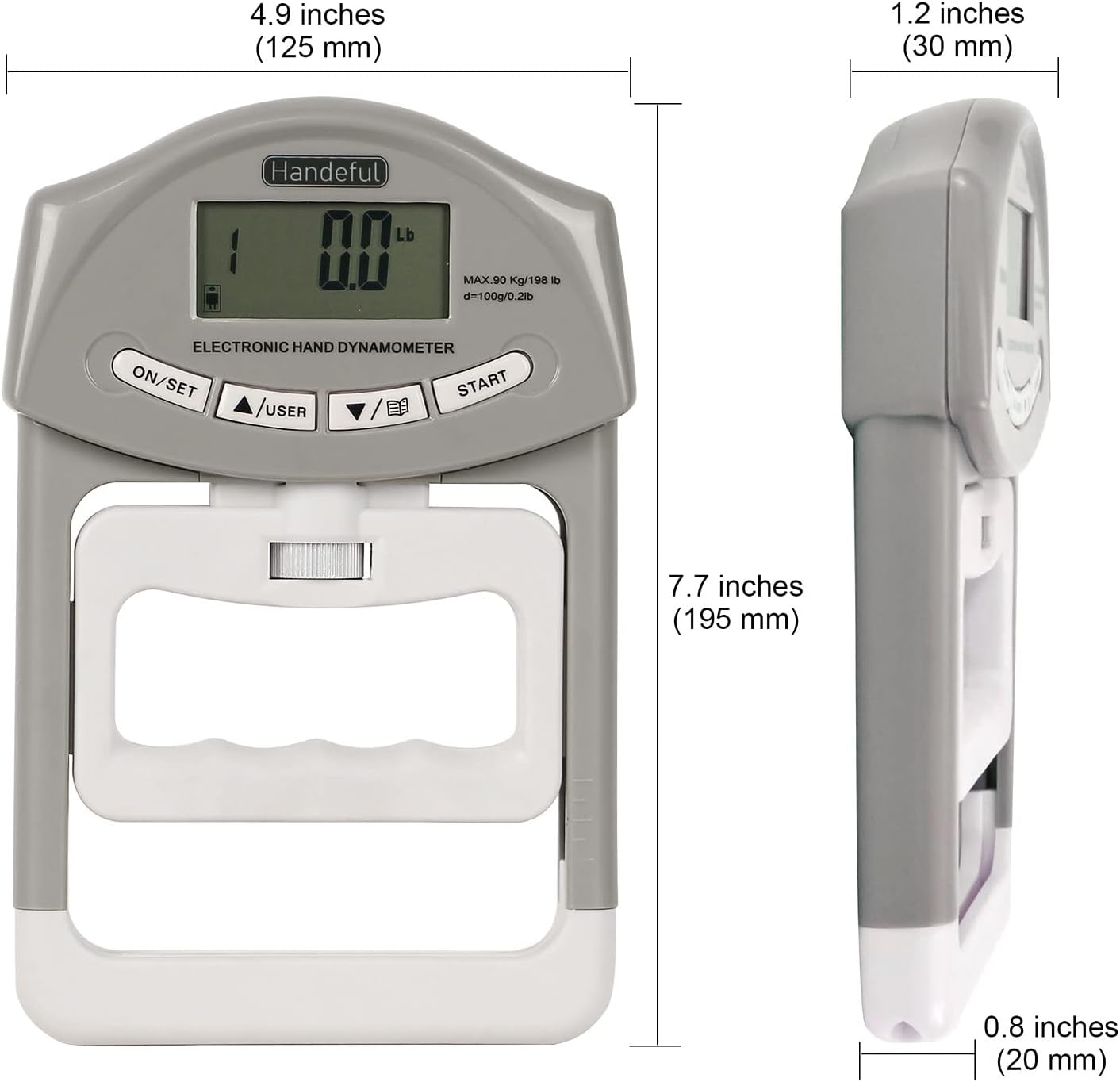 Handeful Electronic Hand Grip Strength Tester Dynamometer 198 lb Capacity Adjustable Handle LCD Display