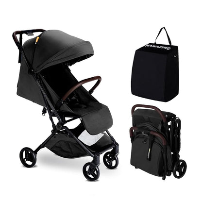Lightweight MAMAZING Ultra Air baby travel stroller with carbon fiber frame, one-handed fold, compact design for toddlers.