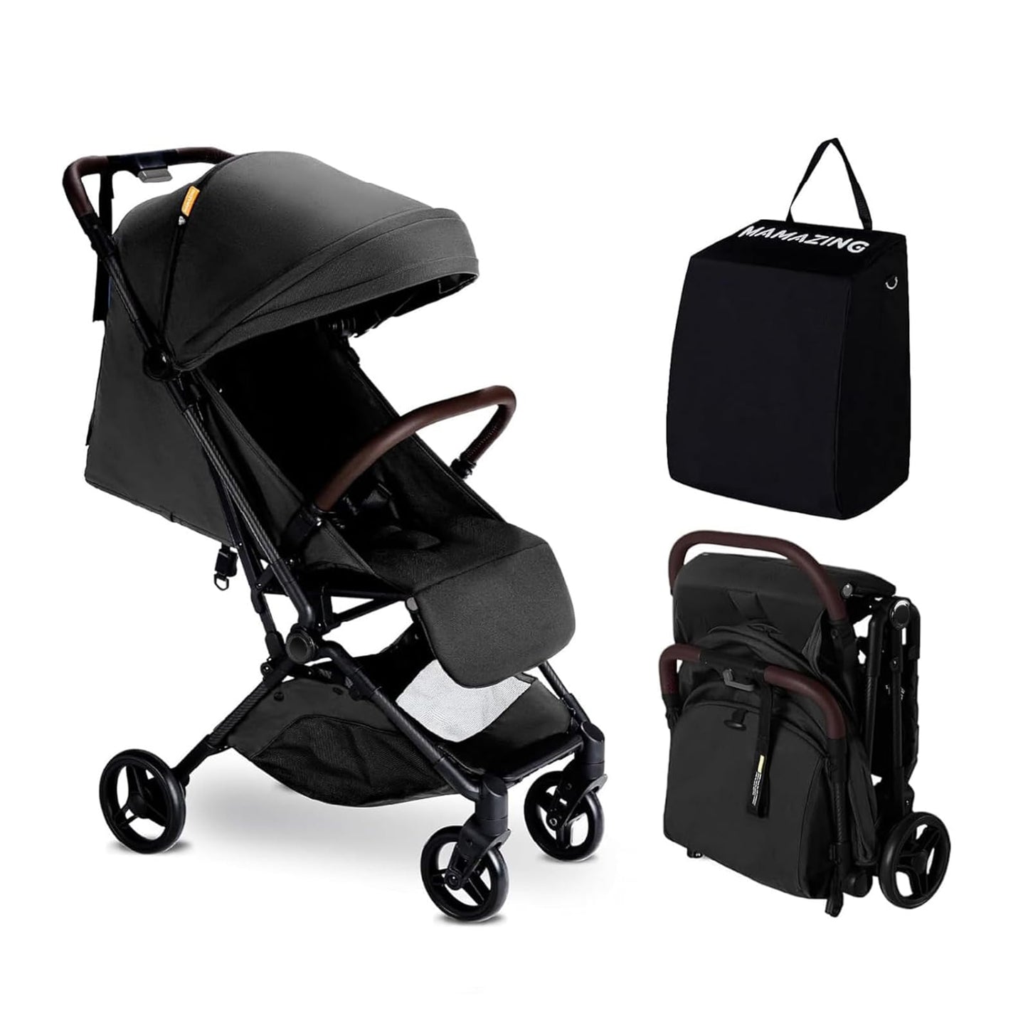 Lightweight MAMAZING Ultra Air baby travel stroller with carbon fiber frame, compact fold, suitable for toddlers, airplane-friendly design
