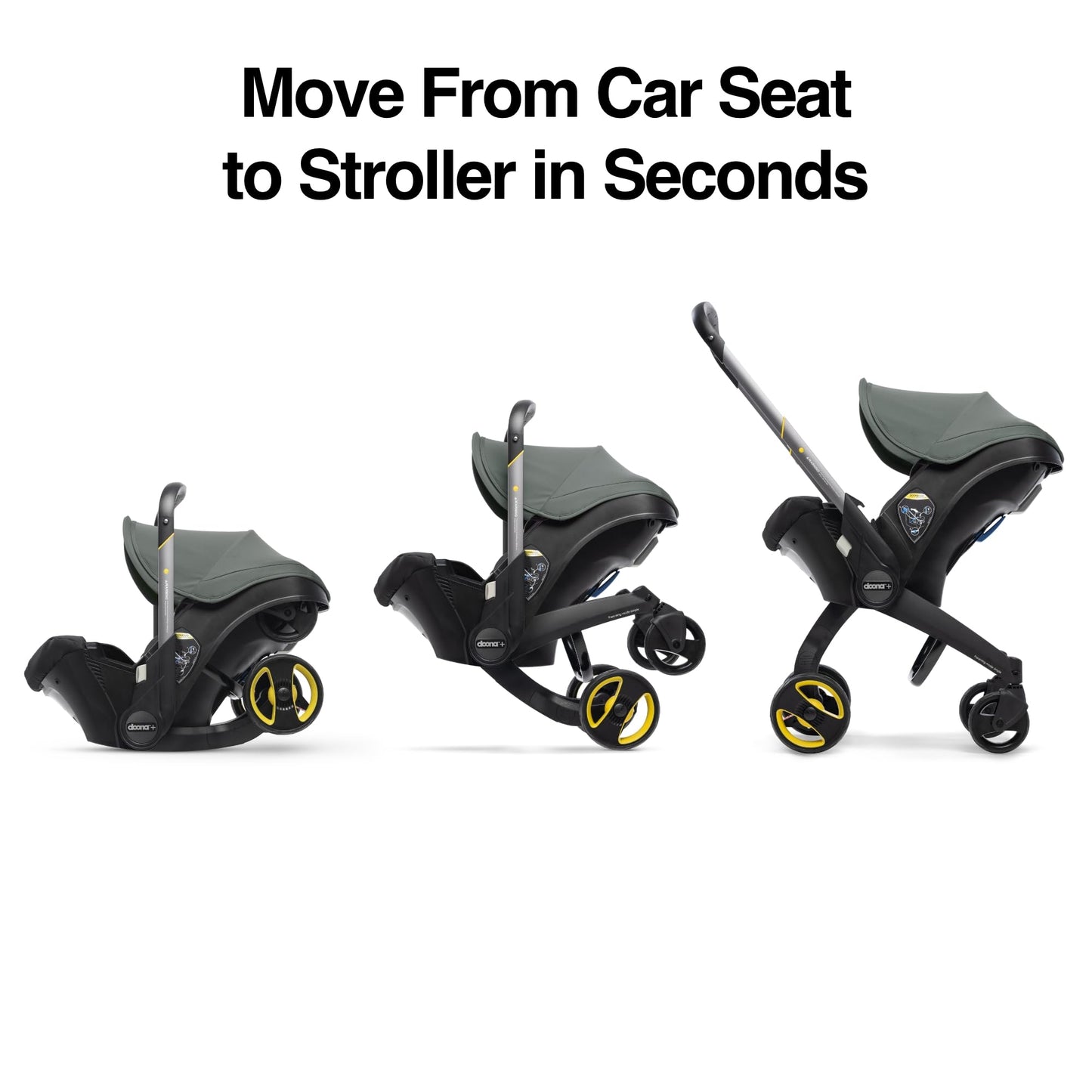 Doona all-in-one car seat and stroller in slate green, compact travel system with adjustable handle and safety features.