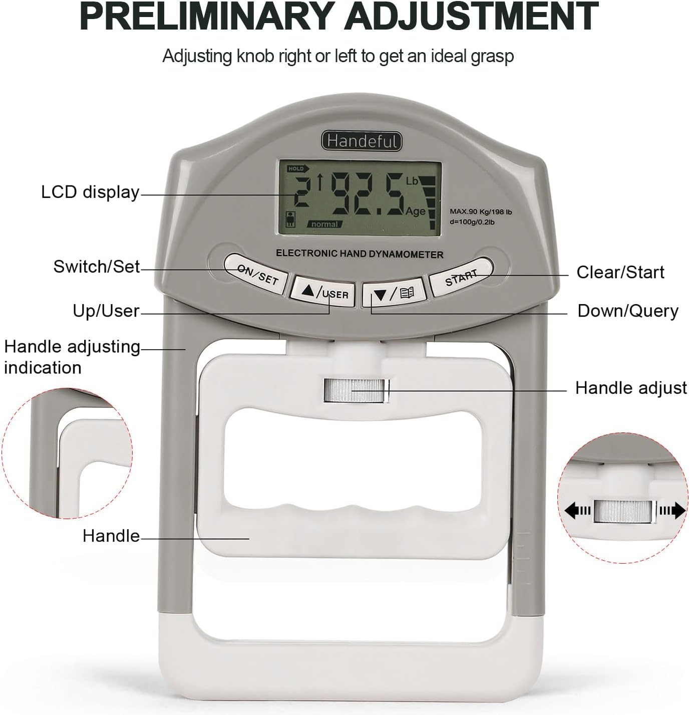 Handeful Electronic Hand Grip Strength Tester Dynamometer 198 lb Capacity Adjustable Handle LCD Display