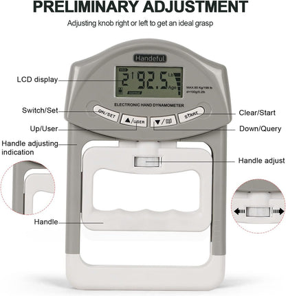 Handeful Electronic Hand Grip Strength Tester Dynamometer 198 lb Capacity Adjustable Handle LCD Display