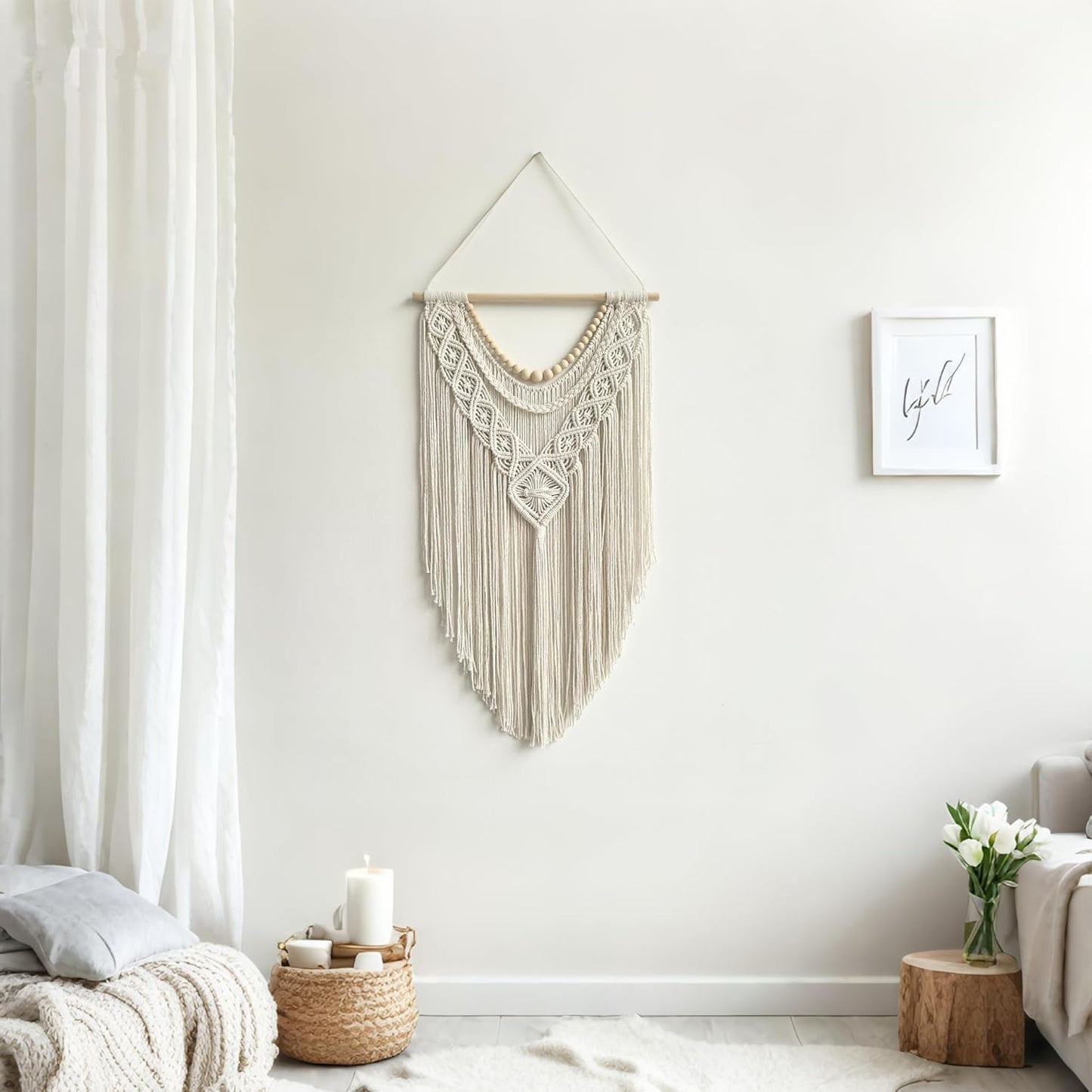 Macrame Wall Hanging – Geometric, 31.5" x 17", Wood Bead