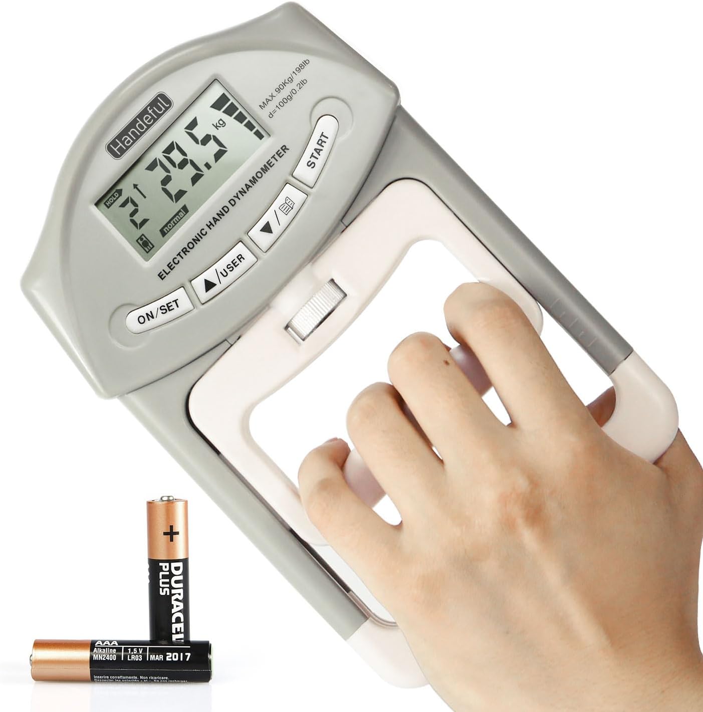 Handeful Electronic Hand Grip Strength Tester Dynamometer 198 lb Capacity Adjustable Handle LCD Display