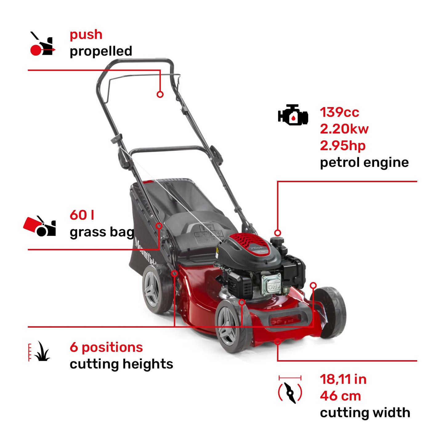 HP164 39Cm 123cc Hand Propelled Petrol Lawnmower