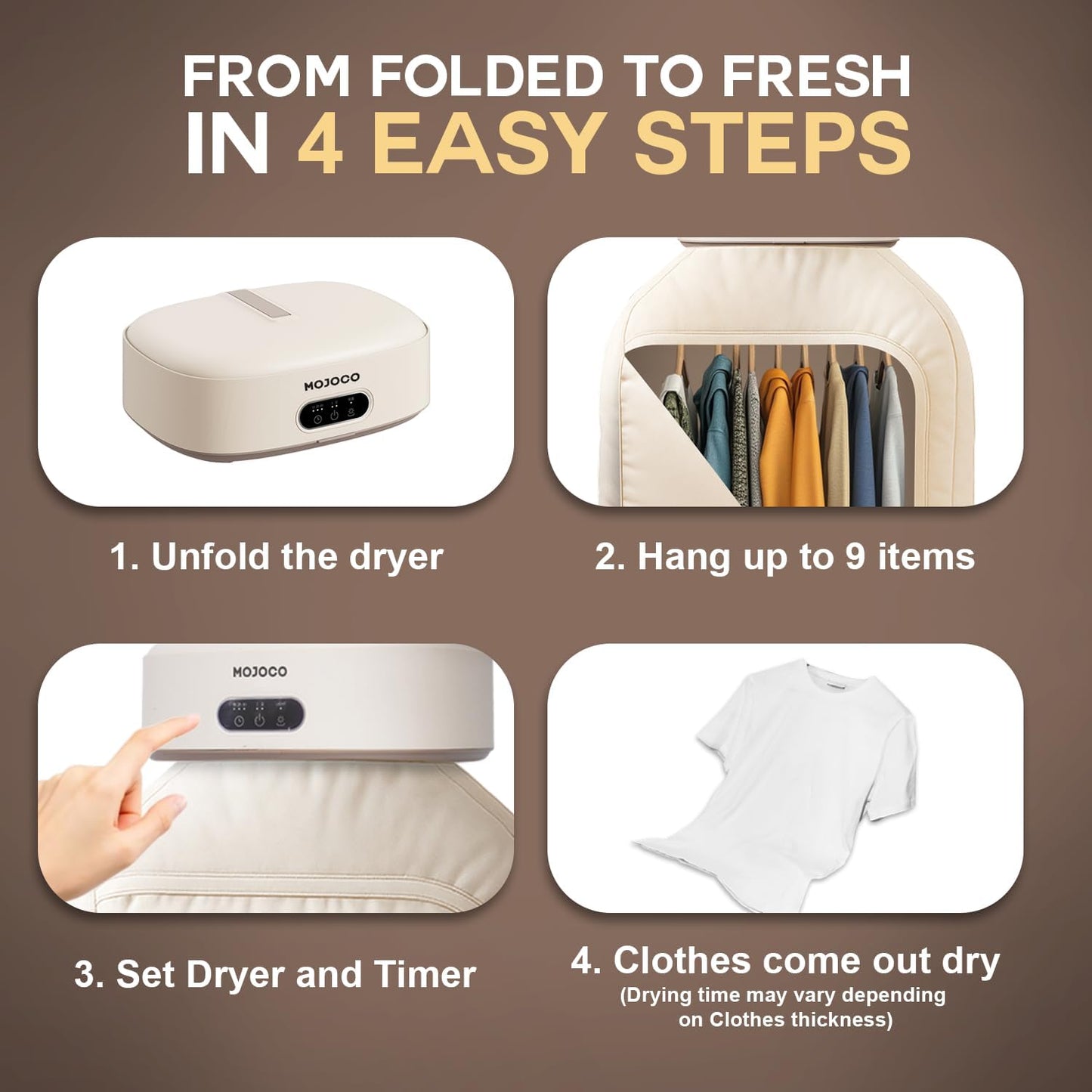 MOJOCO Portable Clothes Dryer 600W Compact 22 lb Capacity with LED UV Sanitizer Quiet Timer for Apartment Travel