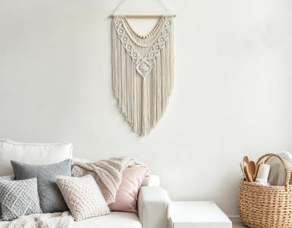 Macrame Wall Hanging – Geometric, 31.5" x 17", Wood Bead