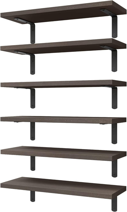 WOPITUES Floating Shelves Set of 6 Wall Mounted Wood Farmhouse Shelf 16.5 Inch Rustic Brown HM011A