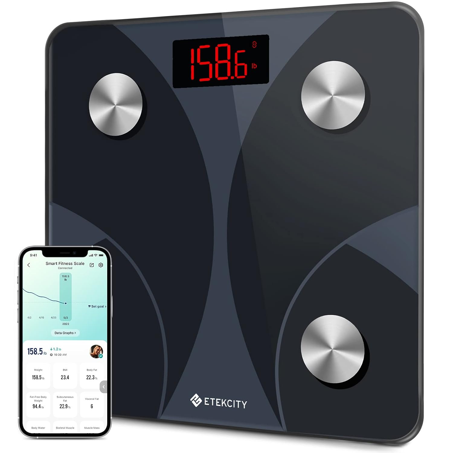 Etekcity Apex HR Smart Fitness Scale Wi-Fi Body Weight BMI Body Fat Muscle Mass Heart Rate TFT Display Tempered Glass 400 lb