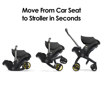 Doona all-in-one travel system with slate green car seat and stroller, compact design and adjustable features for easy travel.