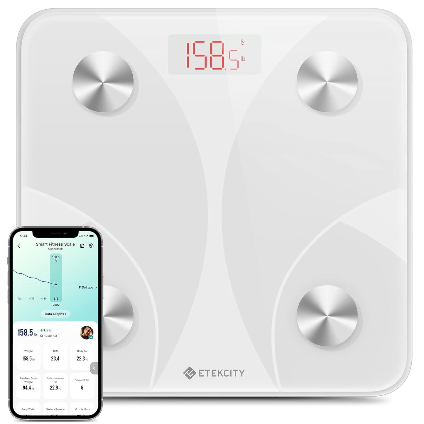 Etekcity Apex HR Smart Fitness Scale Wi-Fi Body Weight BMI Body Fat Muscle Mass Heart Rate TFT Display Tempered Glass 400 lb