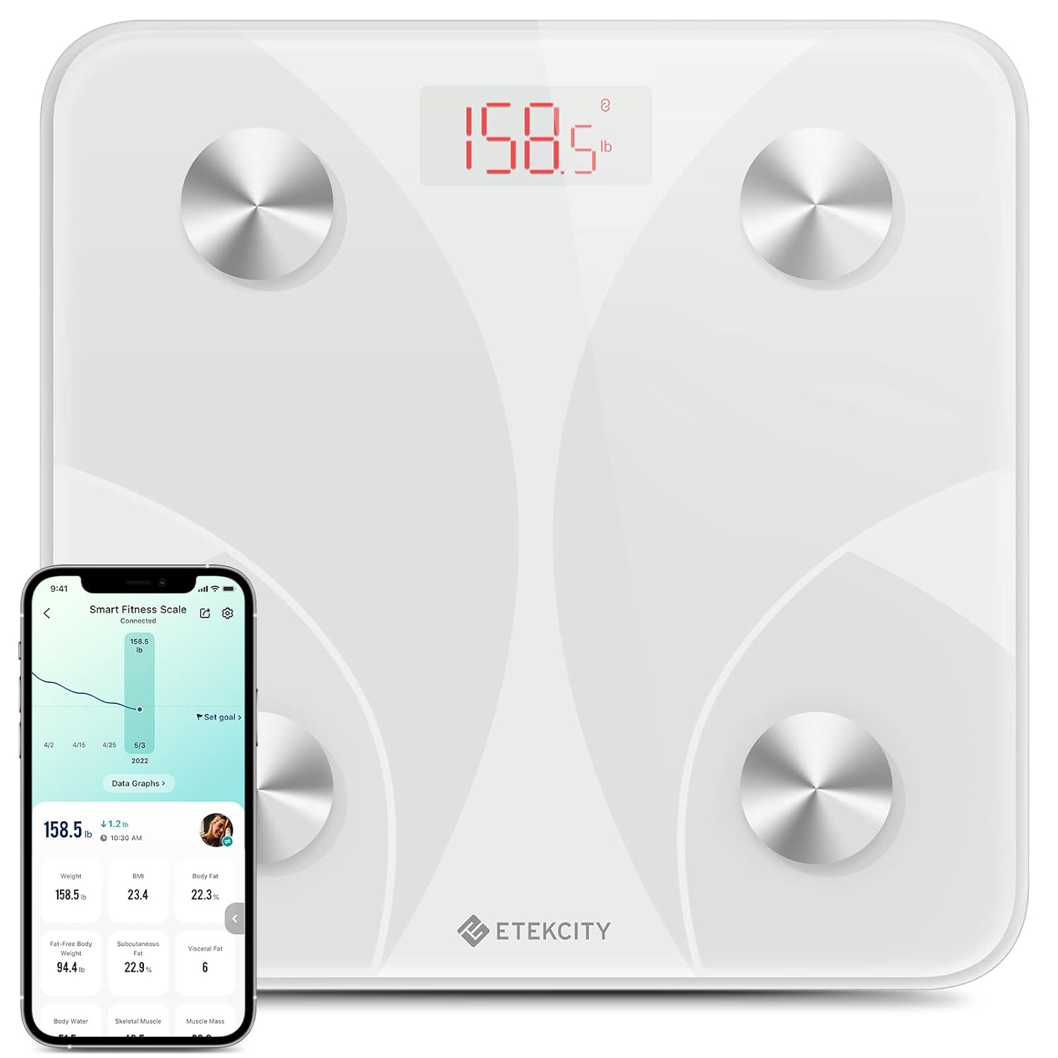 Etekcity Apex HR Smart Fitness Scale Wi-Fi Body Weight BMI Body Fat Muscle Mass Heart Rate TFT Display Tempered Glass 400 lb