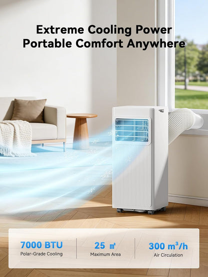 7000 BTU 4-in-1 Portable Air Conditioner Dehumidifier Fan Sleep Mode 24H Timer Cools 300 sq.ft LED Display Remote Bright White A016L