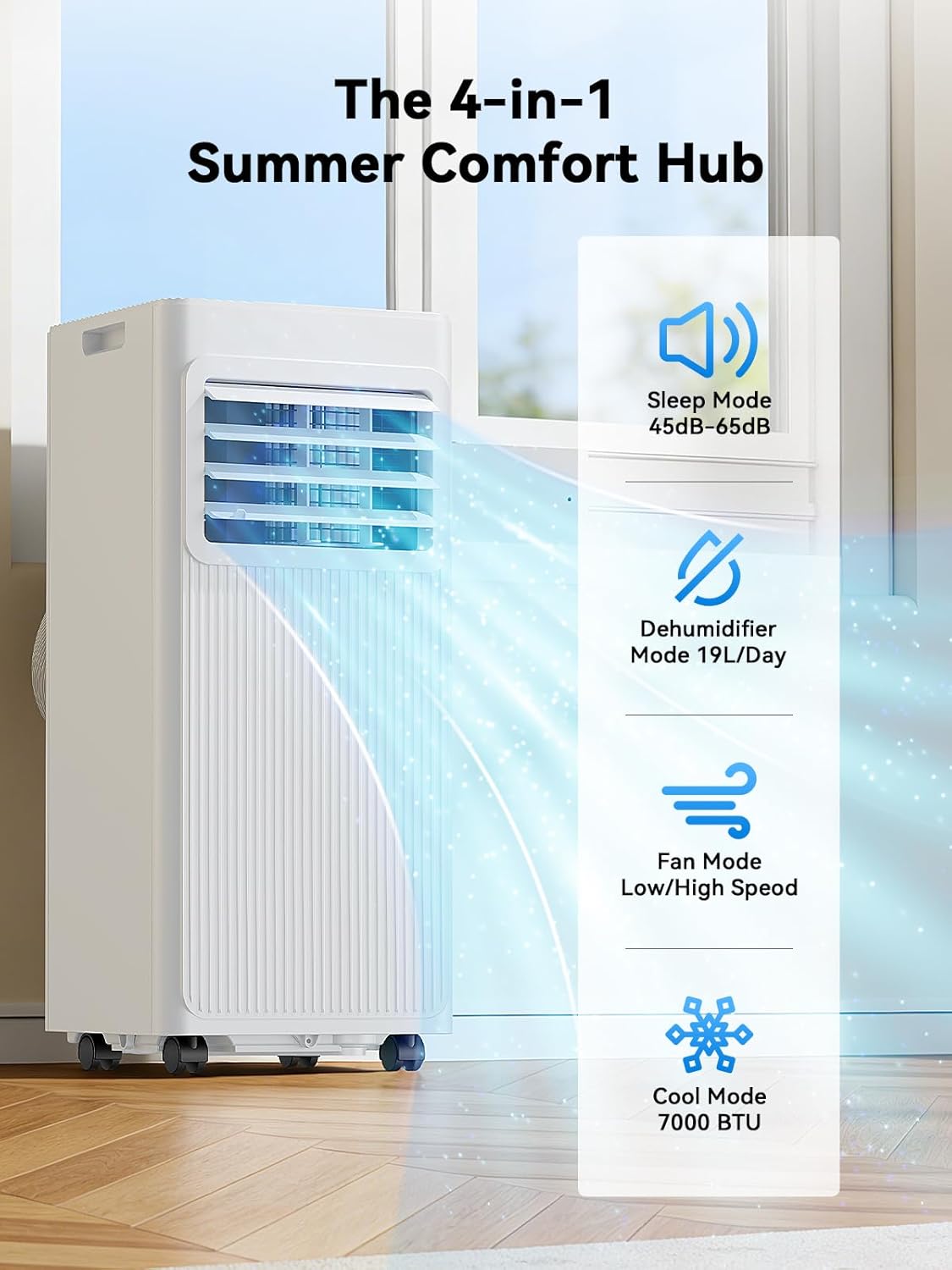 7000 BTU 4-in-1 Portable Air Conditioner Dehumidifier Fan Sleep Mode 24H Timer Cools 300 sq.ft LED Display Remote Bright White A016L