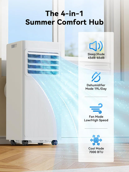 7000 BTU 4-in-1 Portable Air Conditioner Dehumidifier Fan Sleep Mode 24H Timer Cools 300 sq.ft LED Display Remote Bright White A016L