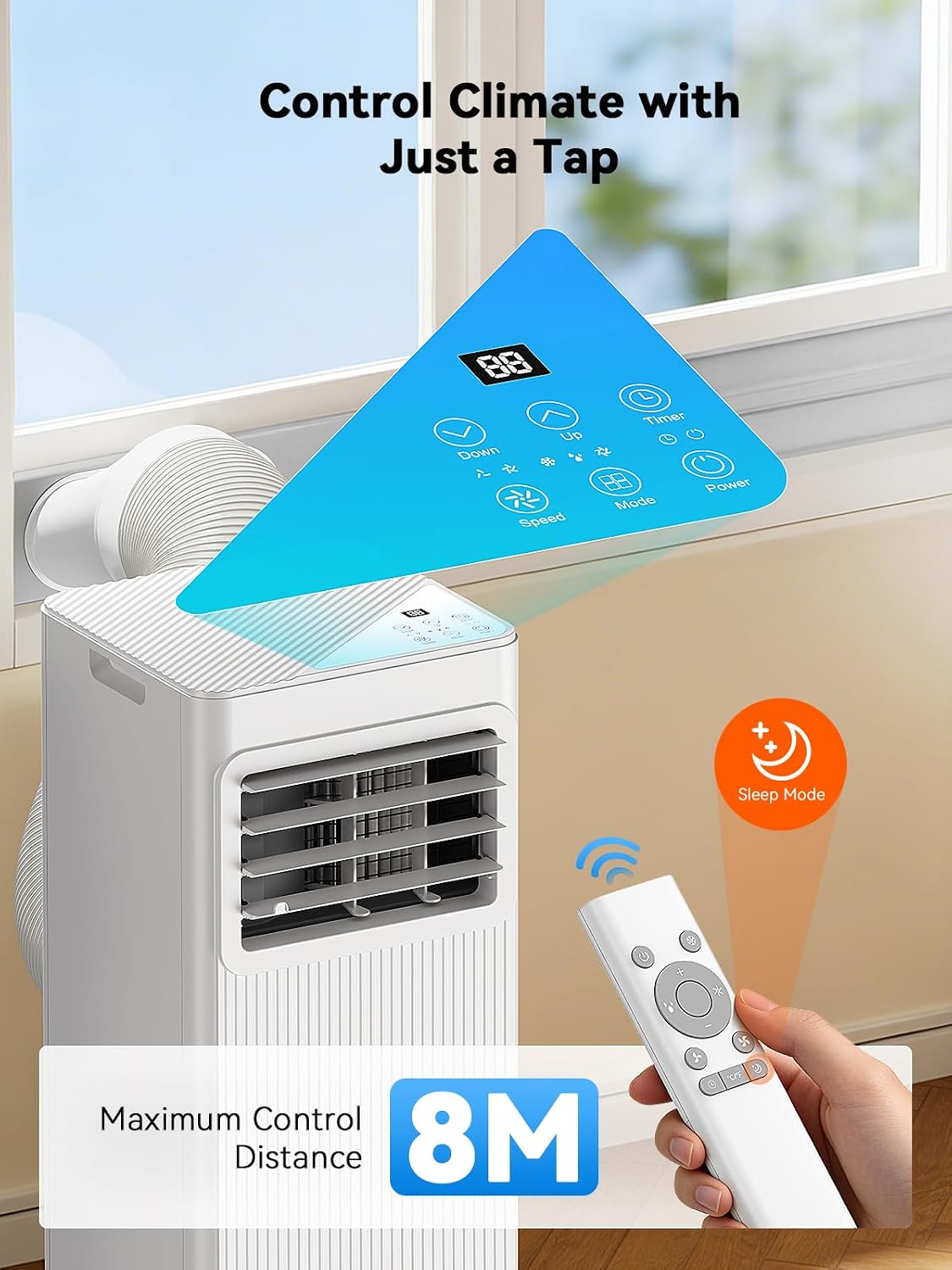 7000 BTU 4-in-1 Portable Air Conditioner Dehumidifier Fan Sleep Mode 24H Timer Cools 300 sq.ft LED Display Remote Bright White A016L