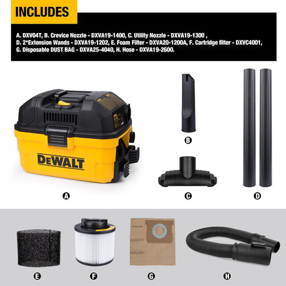 DEWALT DXV04T 4 Gallon 5 Peak HP Portable Corded Wet/Dry Shop Vacuum Yellow