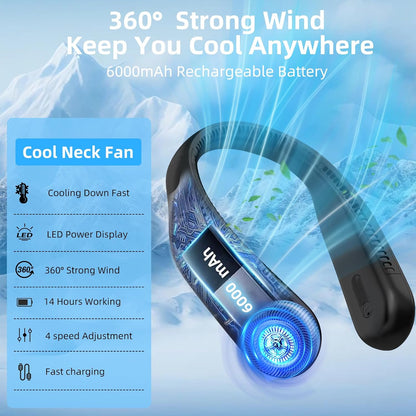 Portable Neck Fan Bladeless Wearable Rechargeable 6000mAh 4-Speed LED Display Black