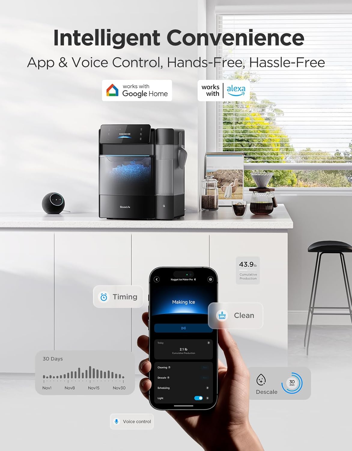 GoveeLife Smart Nugget Ice Maker Pro 60 lbs/Day 6-Minute Ice 40dB Ultra-Quiet App Control Self-Cleaning