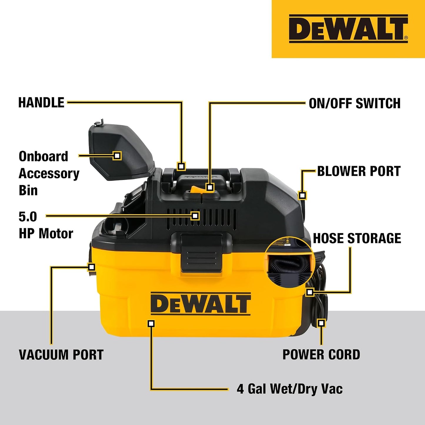 DEWALT DXV04T 4 Gallon 5 Peak HP Portable Corded Wet/Dry Shop Vacuum Yellow
