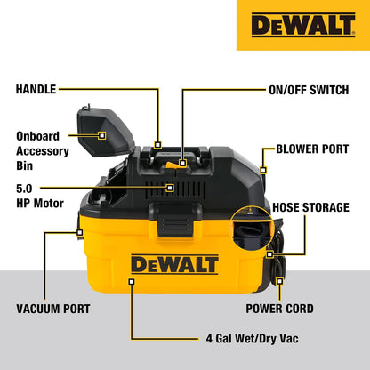 DEWALT DXV04T 4 Gallon 5 Peak HP Portable Corded Wet/Dry Shop Vacuum Yellow