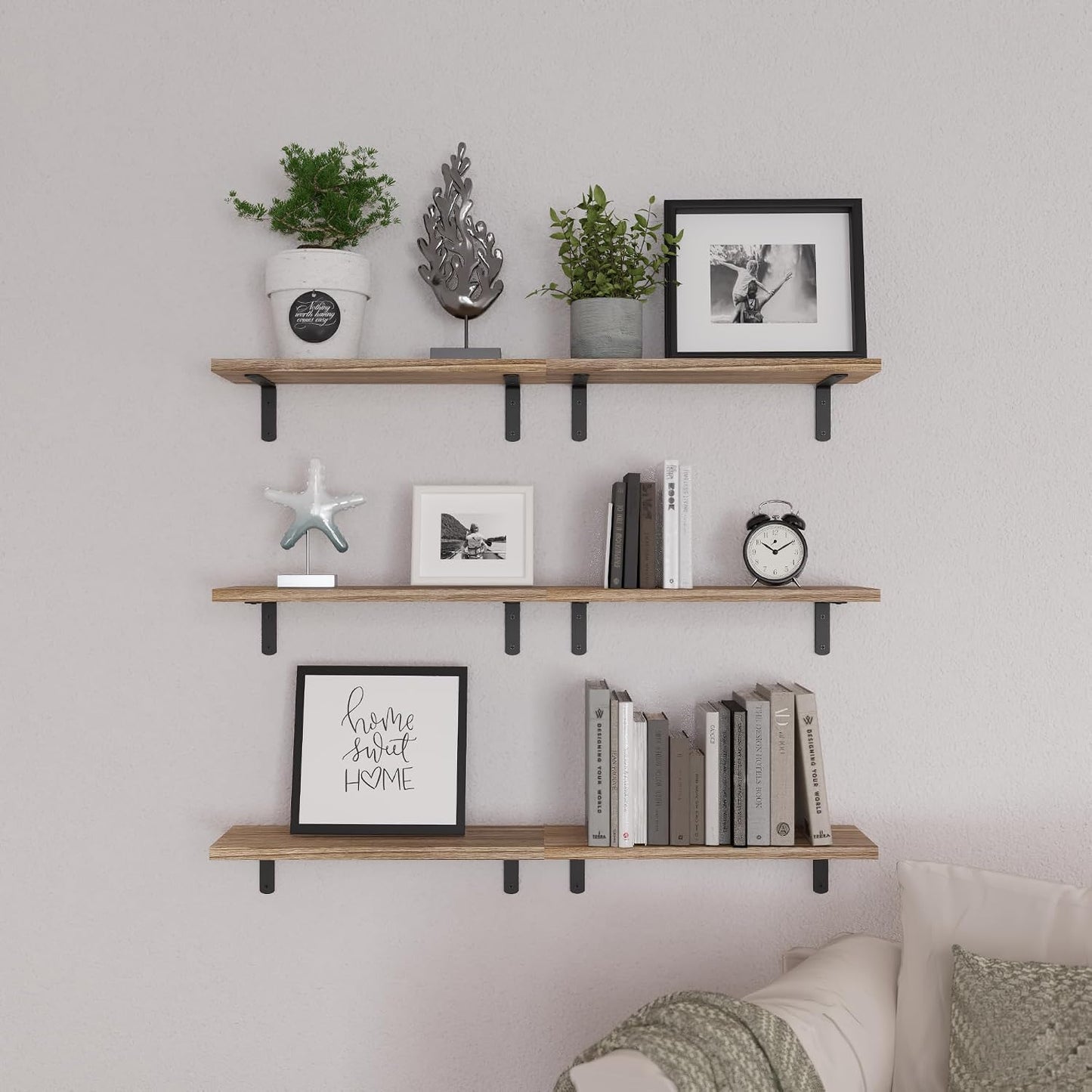 WOPITUES Floating Shelves Set of 6 Wall Mounted Wood Farmhouse Shelf 16.5 Inch Rustic Brown HM011A