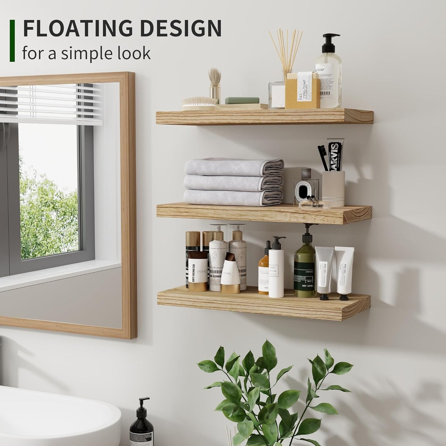 Wood Floating Wall Shelves Set of 3 – 17", Carbonized Black