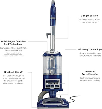Shark Navigator Lift-Away Upright Vacuum HEPA Pet Hair Swivel Steering 0.9 qt Corded 1200W 16 lb Navy NV360