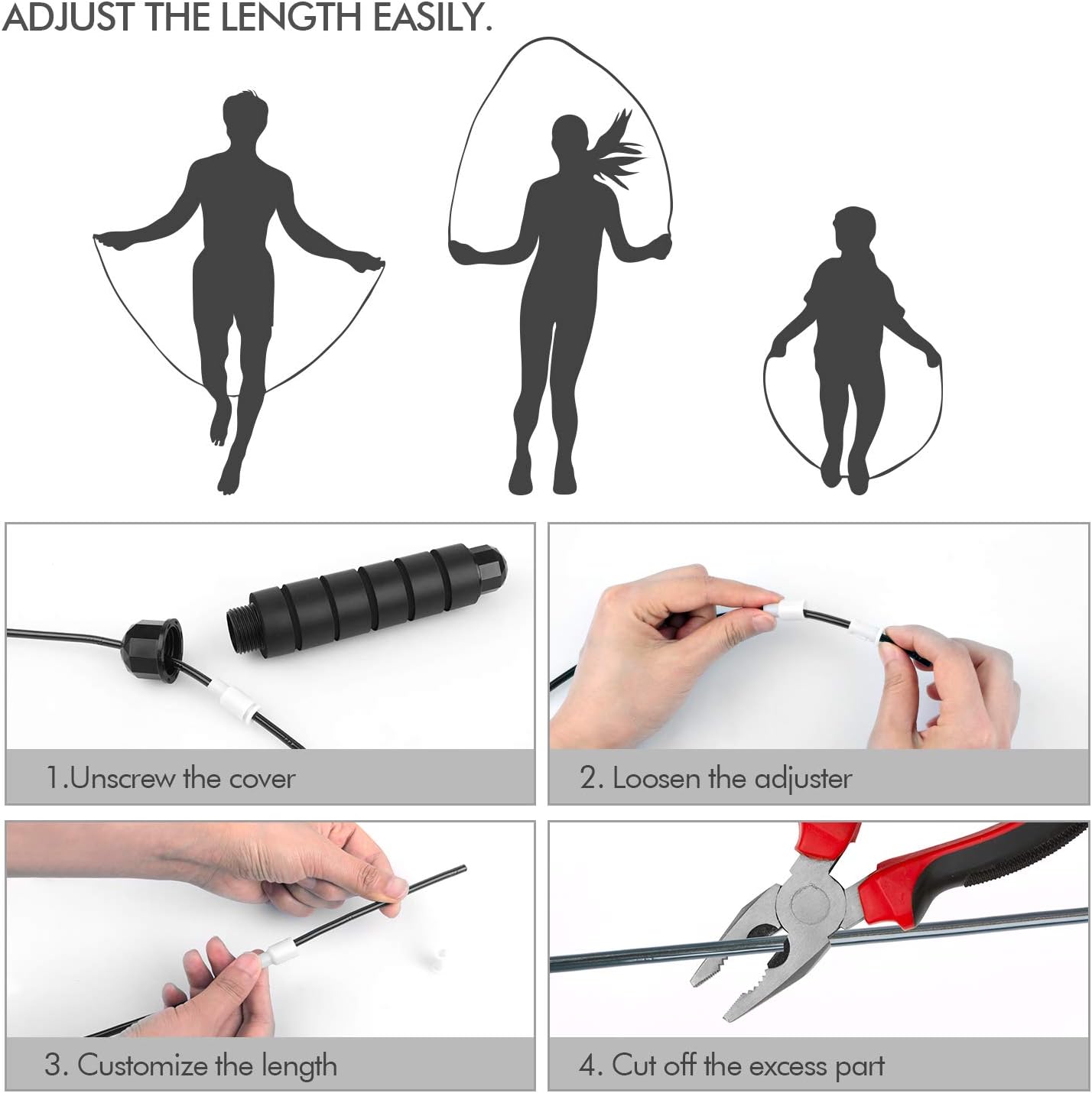 Loocio Tangle-Free Speed Jump Rope Adjustable Steel Cable with Ball Bearings Foam Handles for Men Women Kids Home Gym Fitness Black