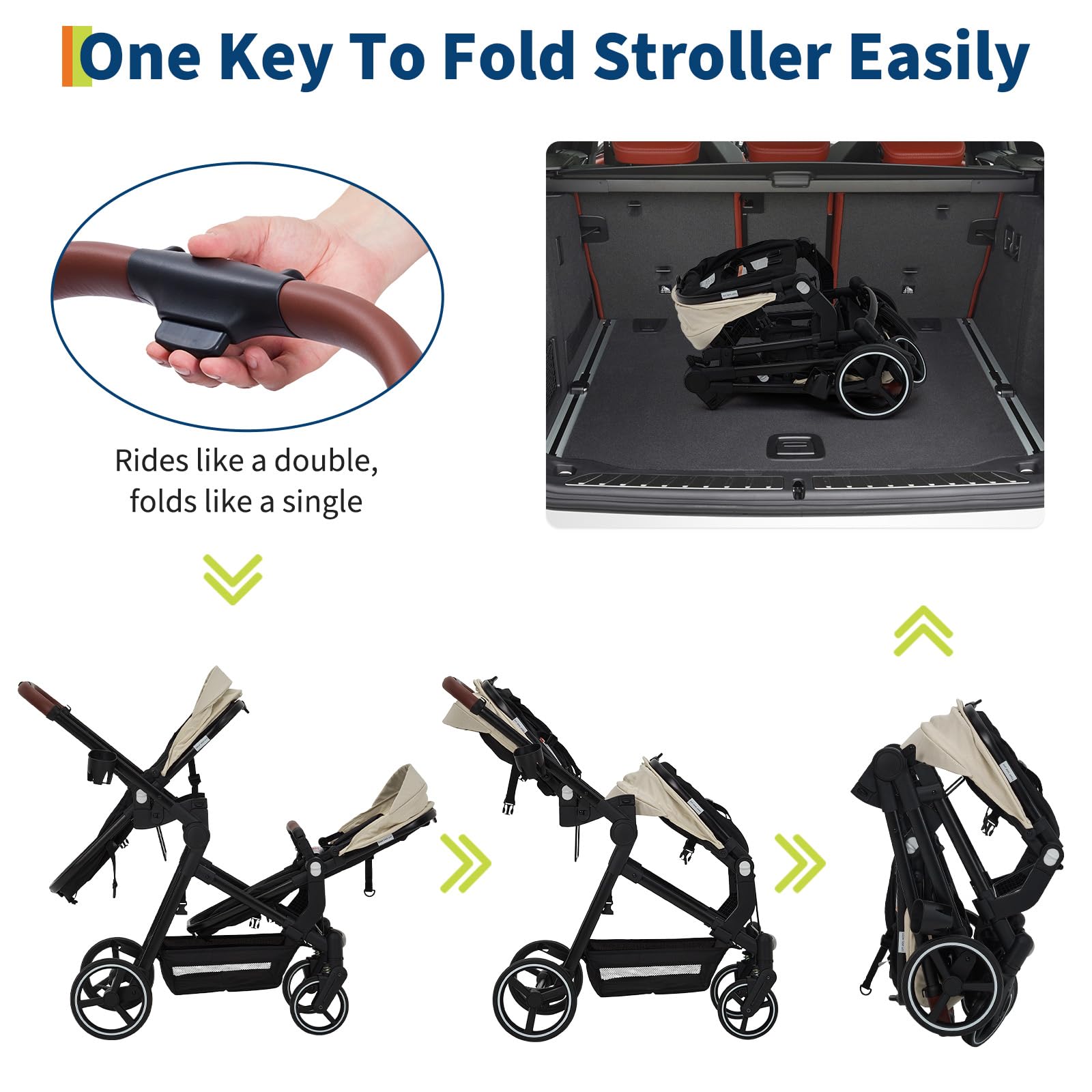Dark grey tandem double stroller for newborn and toddler, foldable with reversible seats, adjustable canopy, 5-point harness, storage basket
