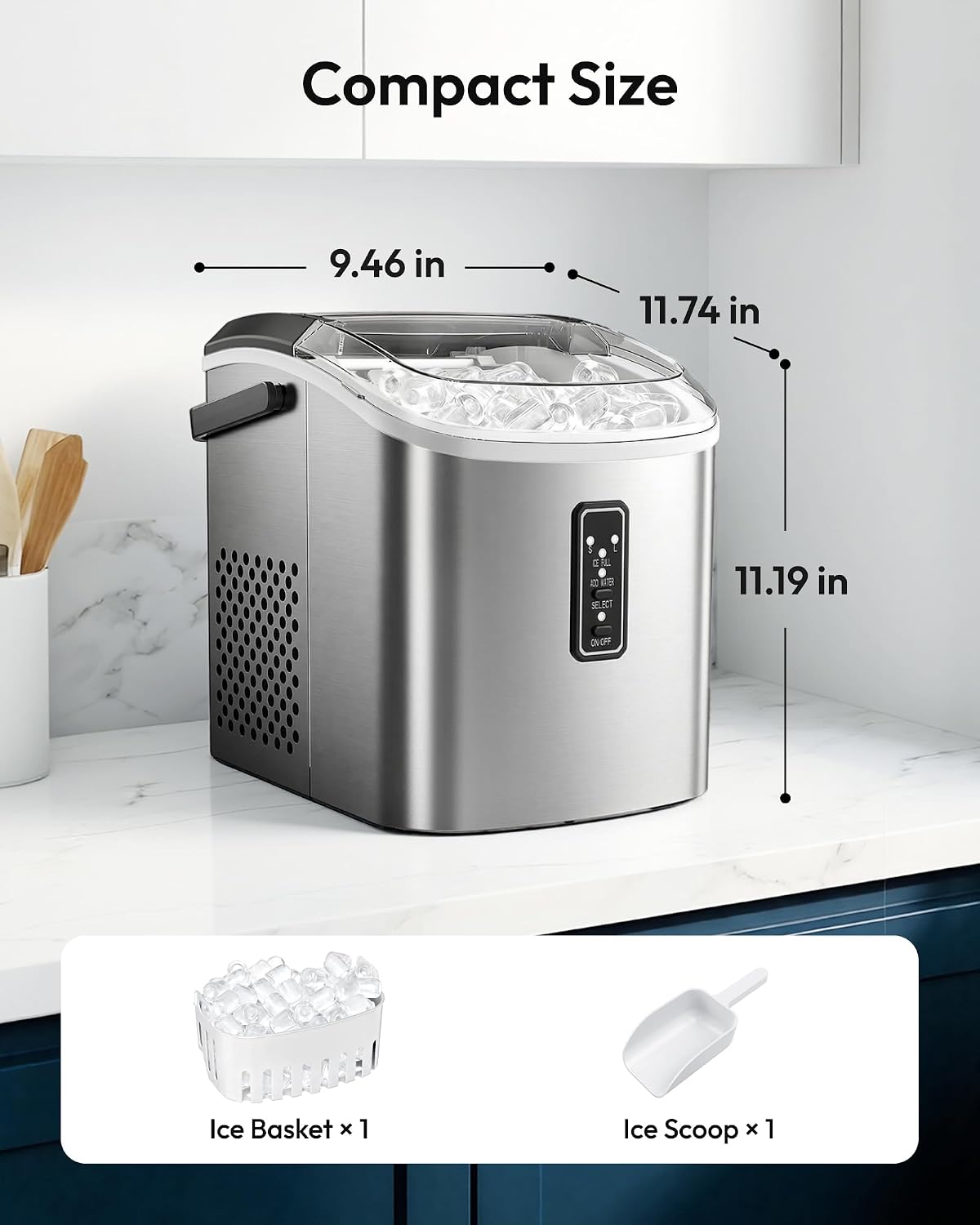EUHOMY Countertop Ice Maker 26 lbs/Day 9 Cubes in 6 Mins Self-Cleaning Portable with Handle Scoop 2 Sizes