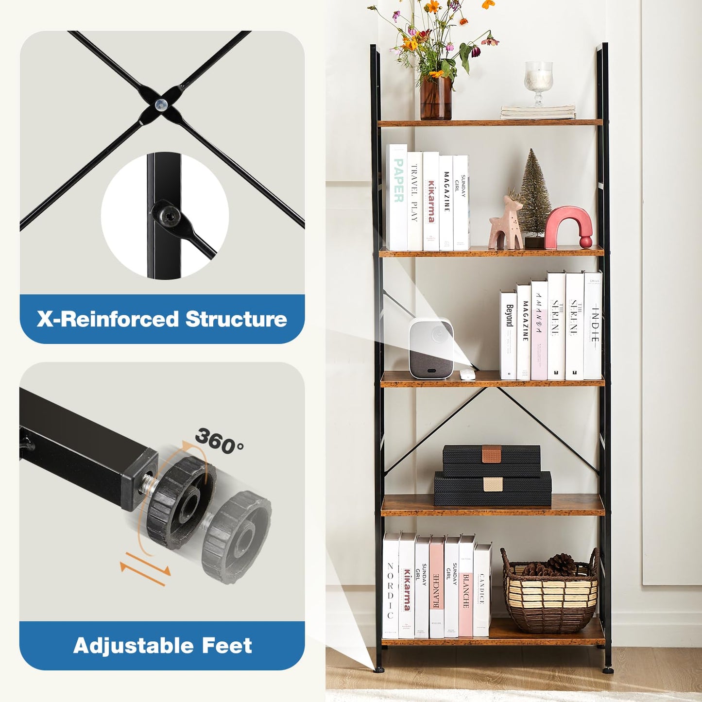 5-Tier Bookshelf – Rustic Brown, Home & Office Storage