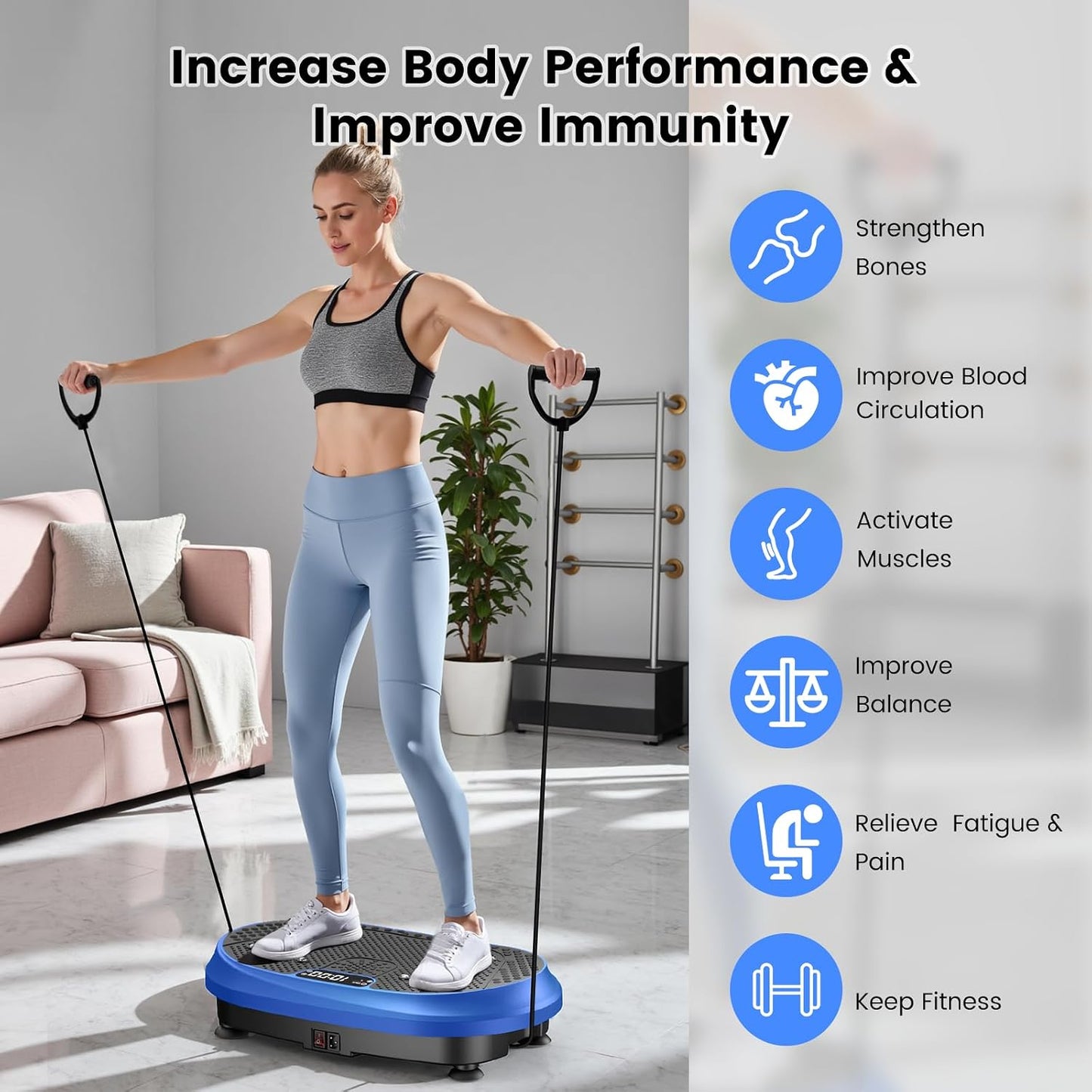 HVX Vibration Plate Exercise Machine 450 lb Capacity Full Body Shaker with Resistance Bands Blue