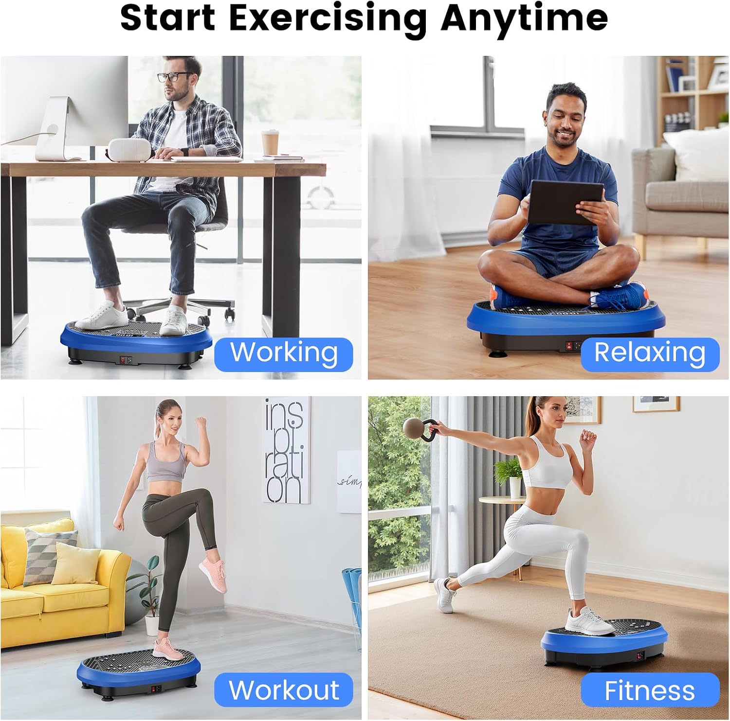 HVX Vibration Plate Exercise Machine 450 lb Capacity Full Body Shaker with Resistance Bands Blue