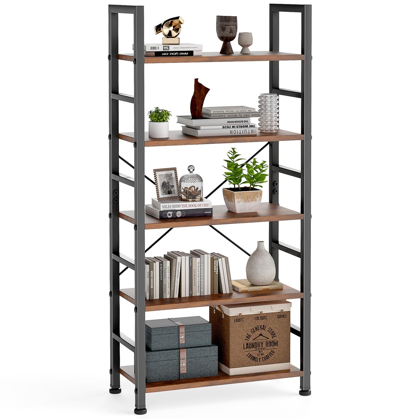 5-Tier Bookshelf – Rustic Brown, Home & Office Storage