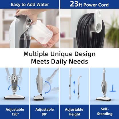 GorFanty GF-6610 10-in-1 MultiPurpose Handheld Steam Cleaner Detachable Floor Steamer Mop 1200W 300 ml Tank 23 ft Cord White/Grey